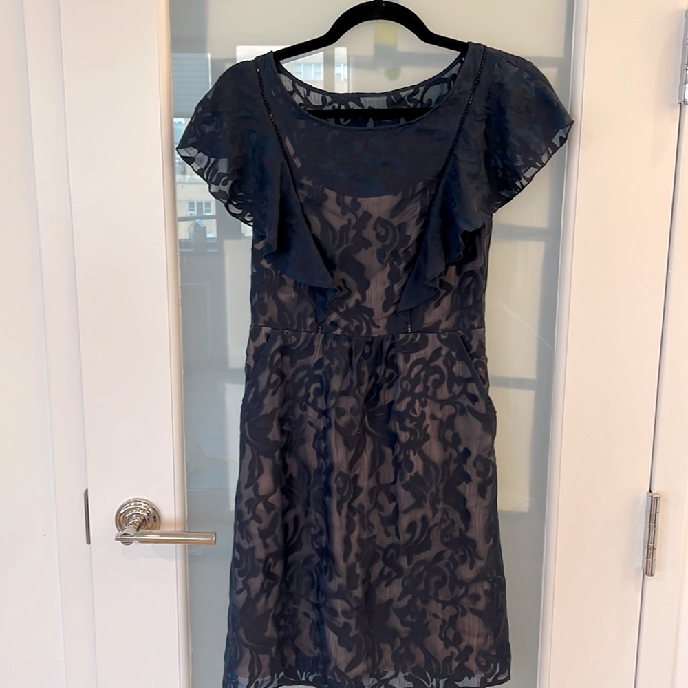 Delicate navy blue sheer dress with nude under layer